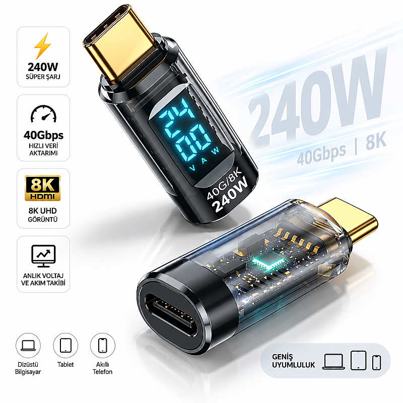 240W USB 3.1 Type-C Dijital Güç Ölçer Adaptör – 40Gbps Veri Aktarımı, 8K Görüntü Destekli Voltaj Akım Watt Göstergeli